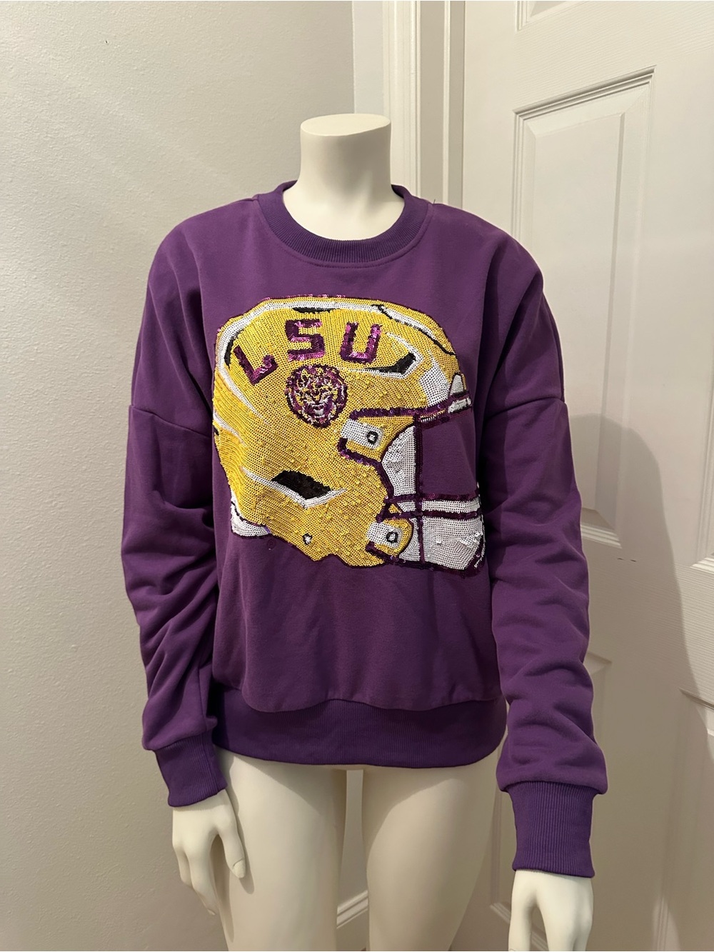 Purple and gold Sequin LSU Helmet Sweatshirt small